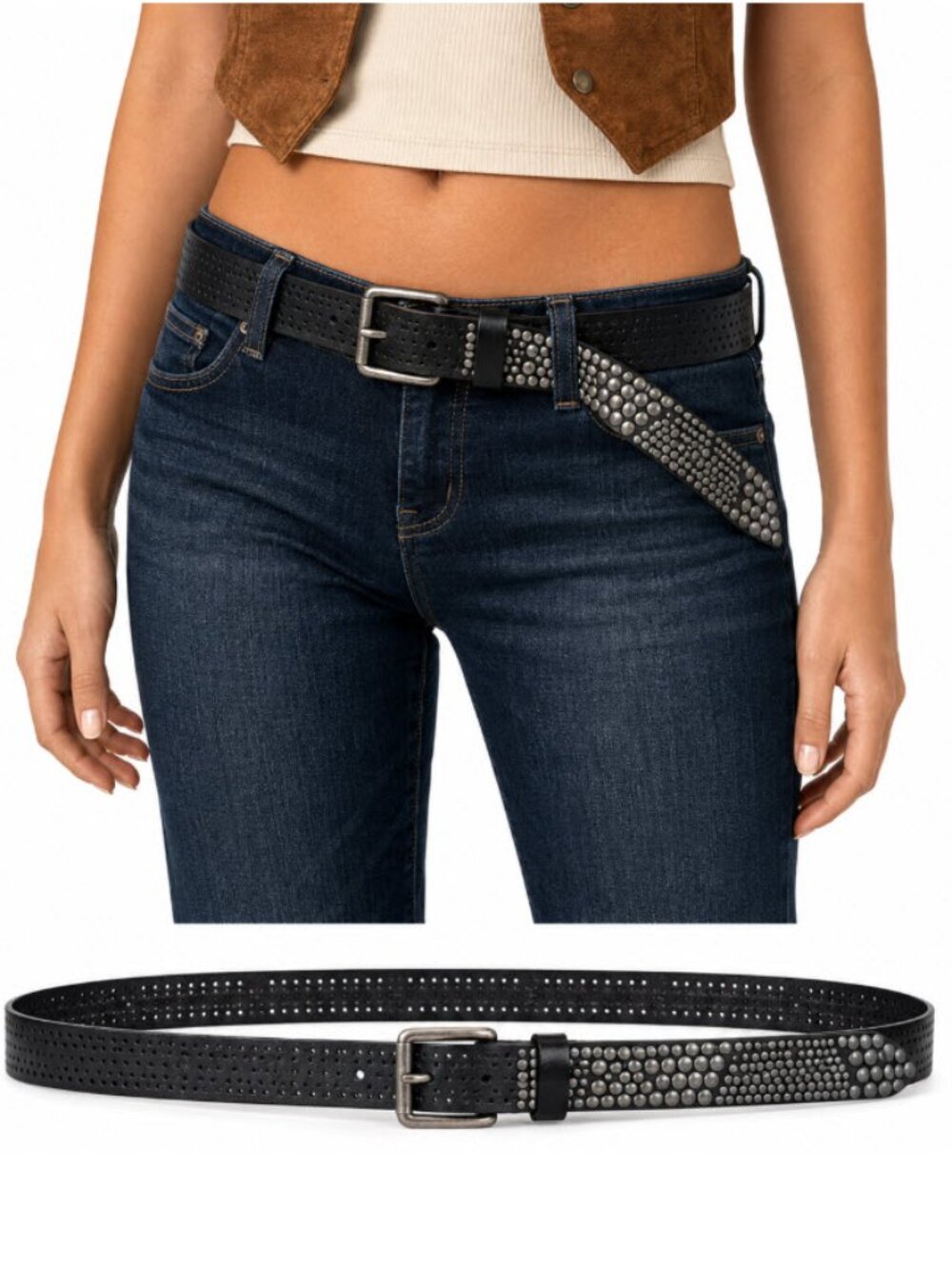 Black Studded Leather Belt Silver Hardware Punk Western Size L 44